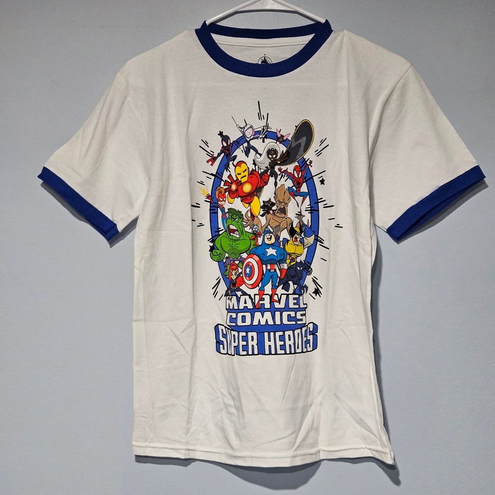 Disney Marvel Comics Super Heroes White Blue Ringer T-Shirt Kids Medium M